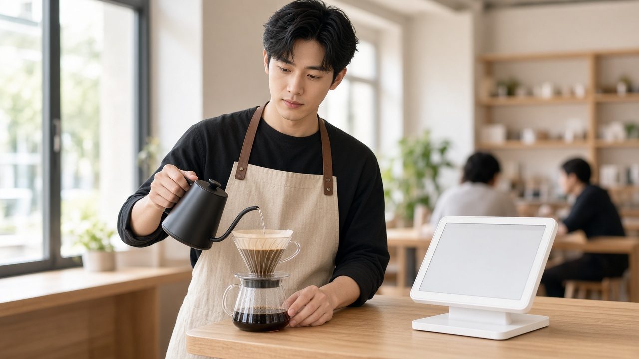 店主专注地做手冲咖啡，身旁的 TELOS 终端安静运转