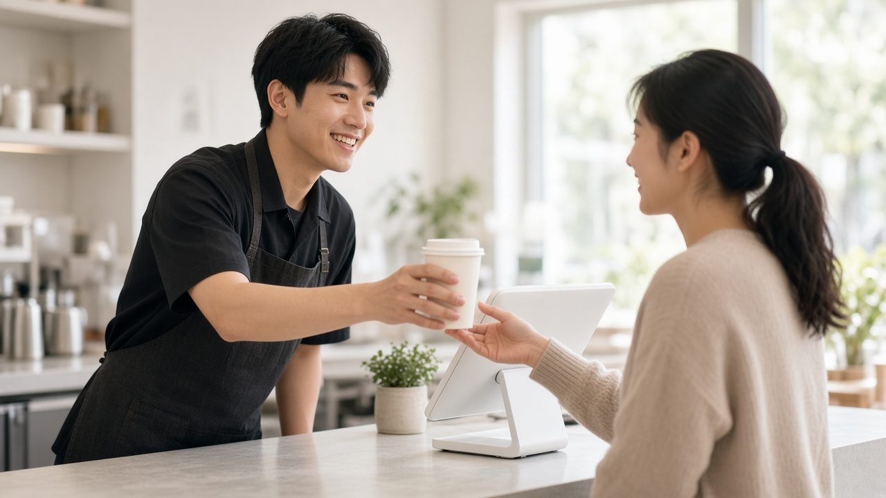 店员微笑着把咖啡递给客人，柜台上的 TELOS 终端完成收银